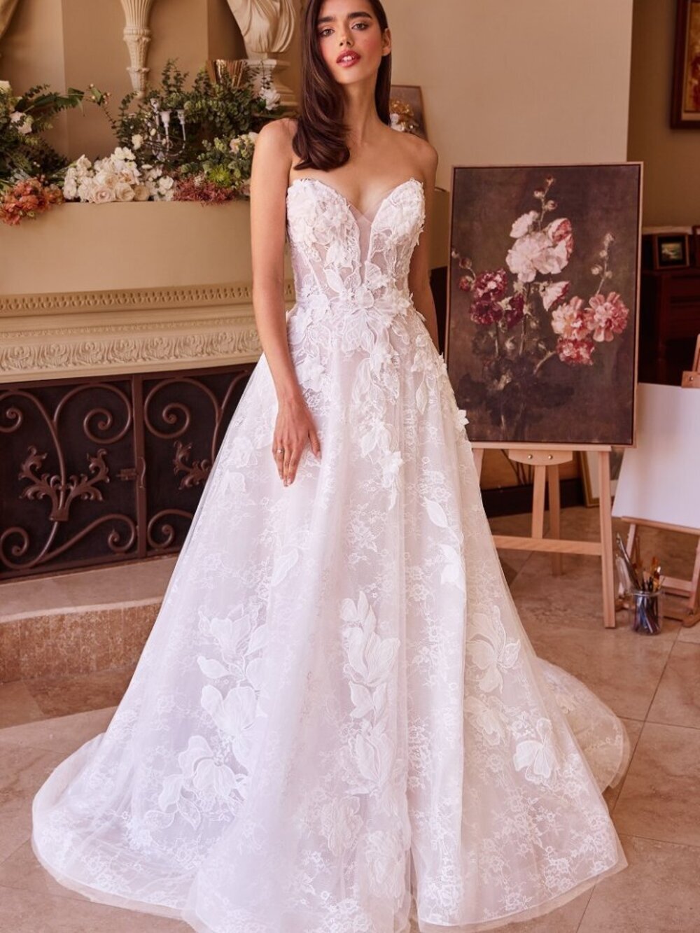 NEW FORMAL STRAPLESS LONG WEDDING BALL DRESS W/ FLORAL LACE EMBROIDERY CD WL034